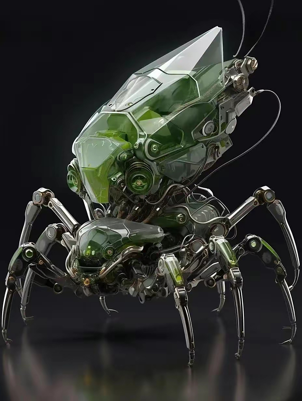 一组ai生成的昆虫机甲,翠绿色与透明件结合,科技感十足,by ohwgo.