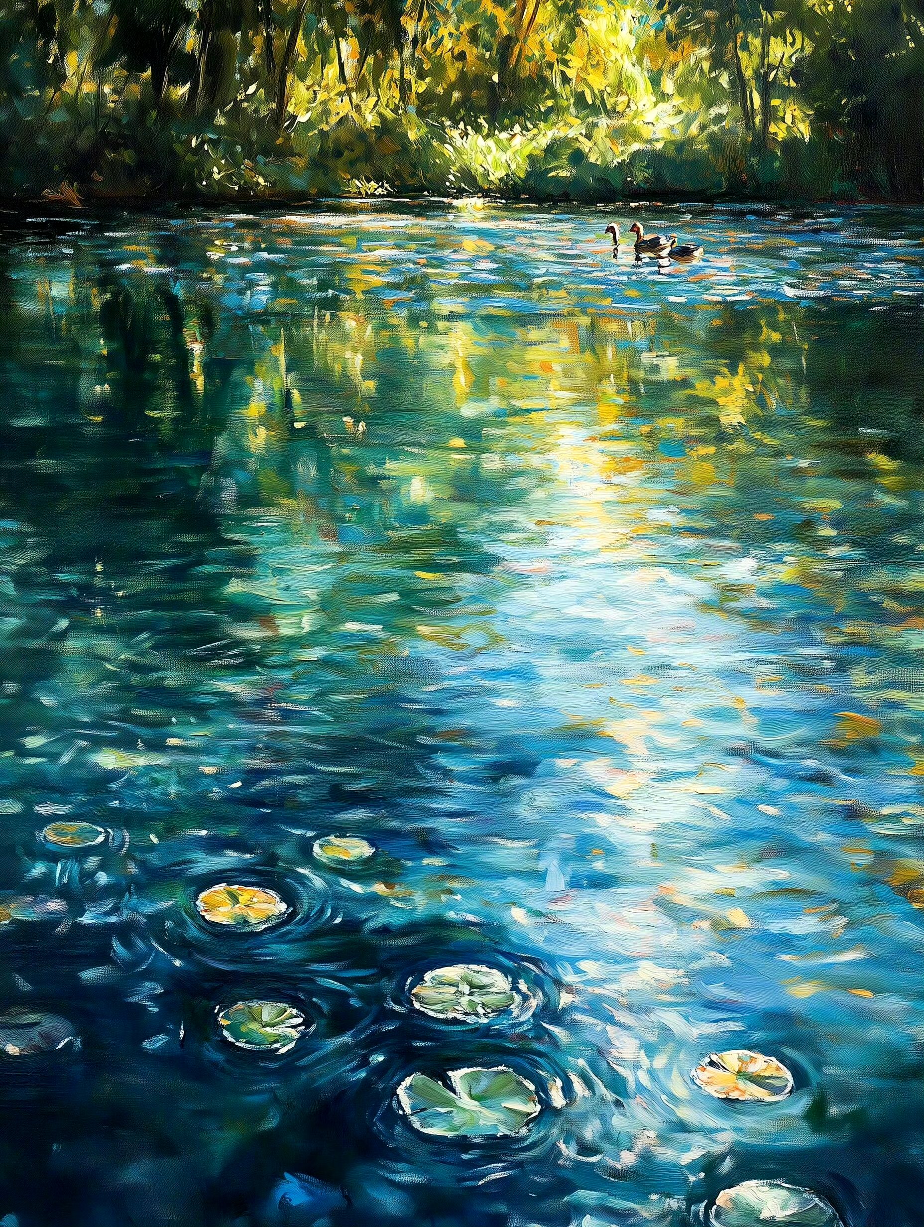 分享一组风景绘画作品,描绘了午后池塘里的睡莲,水面泛起了金色时光的