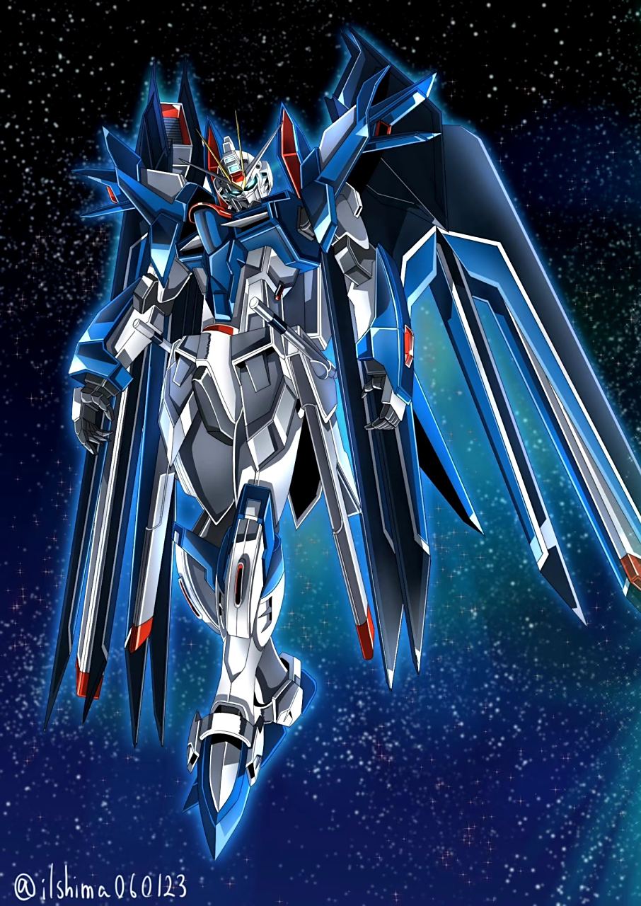 画师ilshima创作的崛起自由与00高达量子型插画,感觉比设定帅气不少.