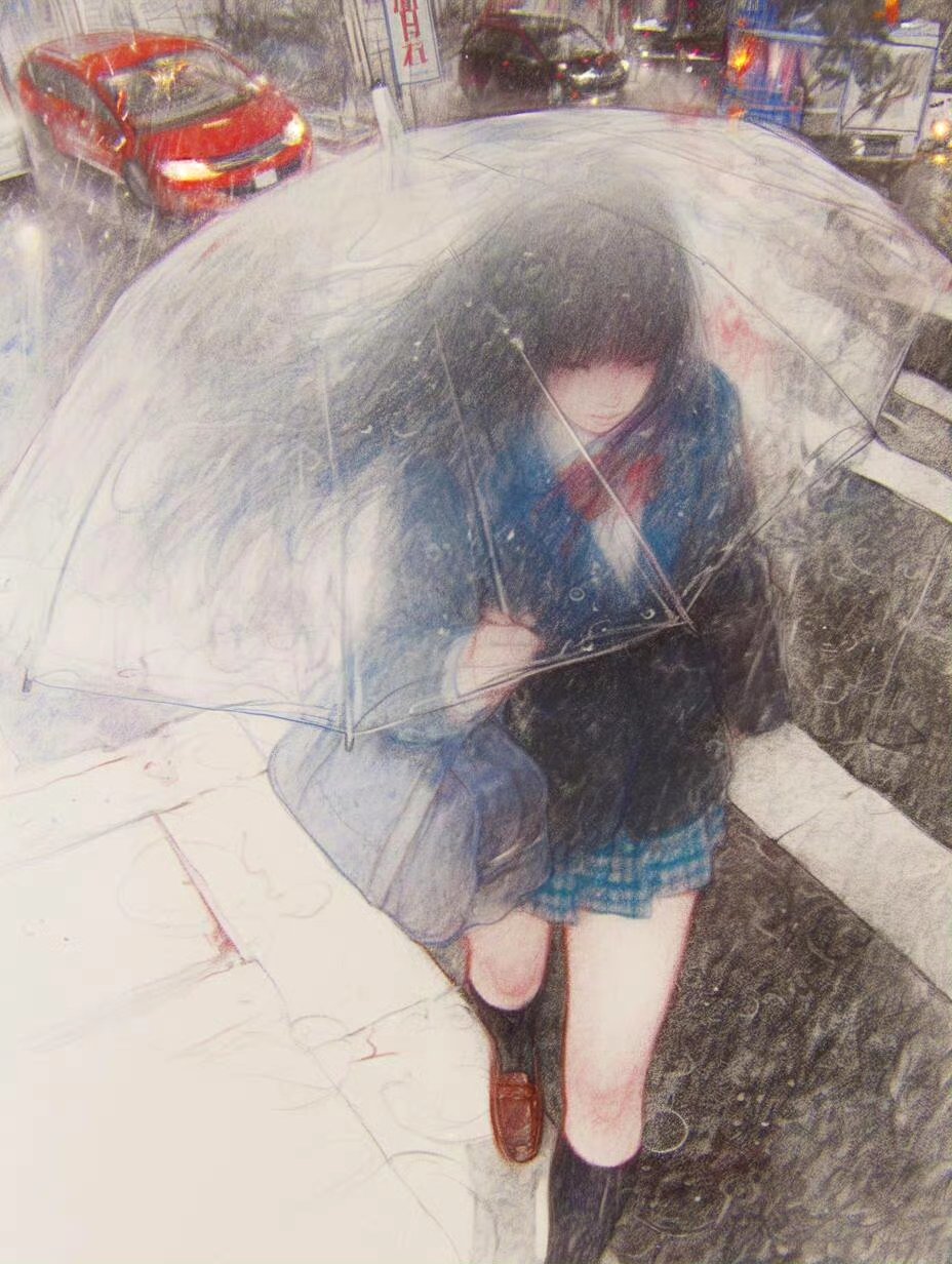 分享一组国外画师绘制的动漫场景作品,描绘了雨天的少女形象,画面带有