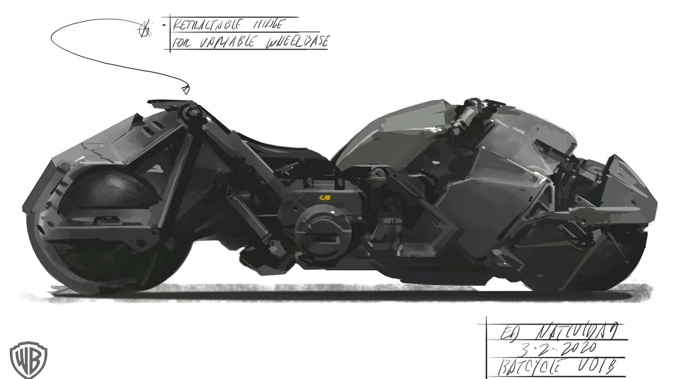 一组电影《闪电侠》中本蝠的蝙蝠摩托车早期概念图.