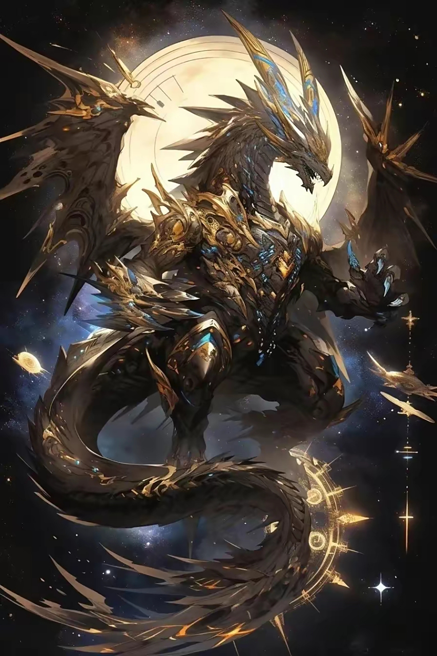 一组ai生成的神龙插画作品,还是西方龙的形象,飞翔在太空里.