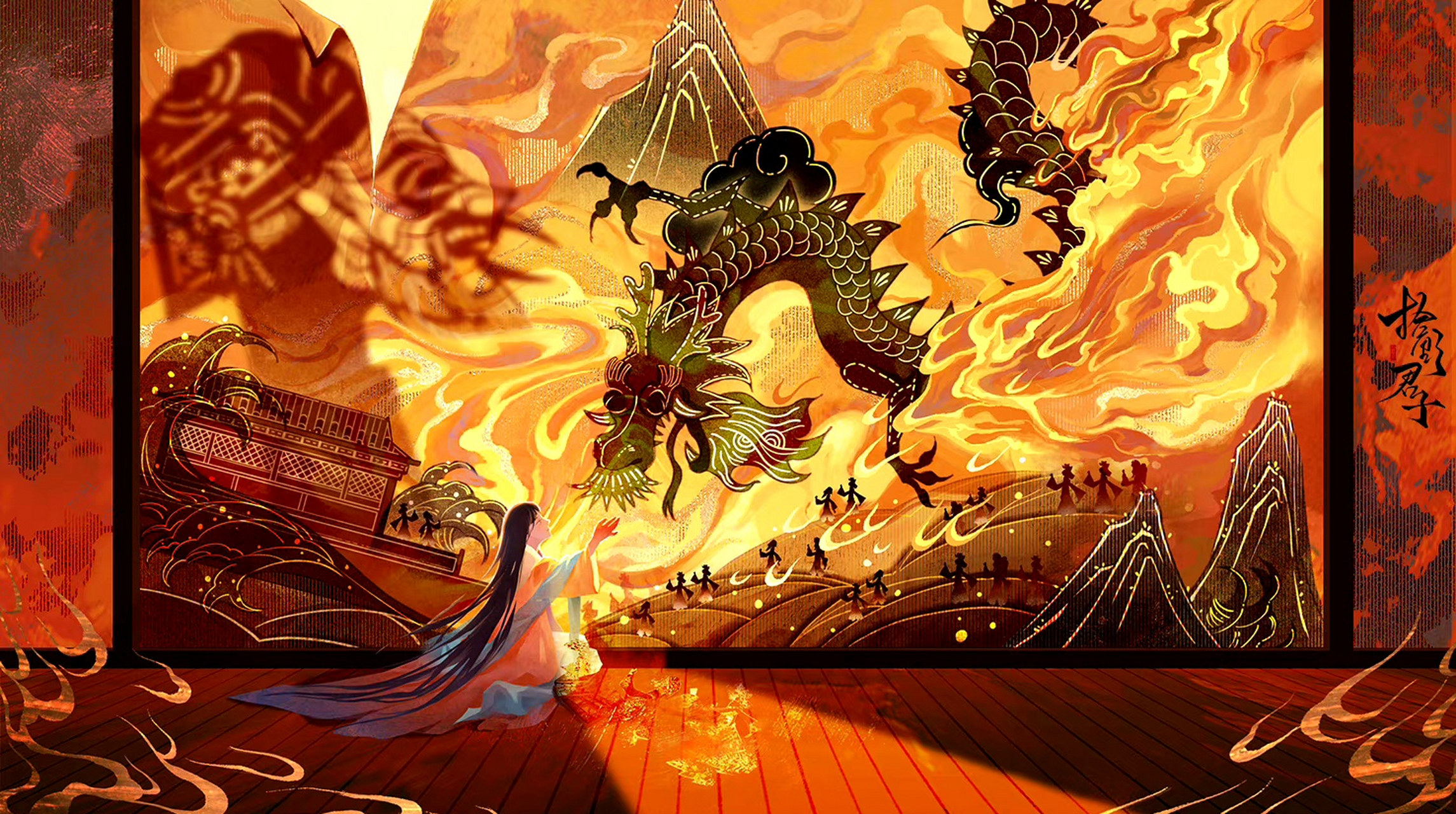 画师拾野君子绘制的我国非物质文化遗产插画,皮影戏,糖人,戏曲, 风筝