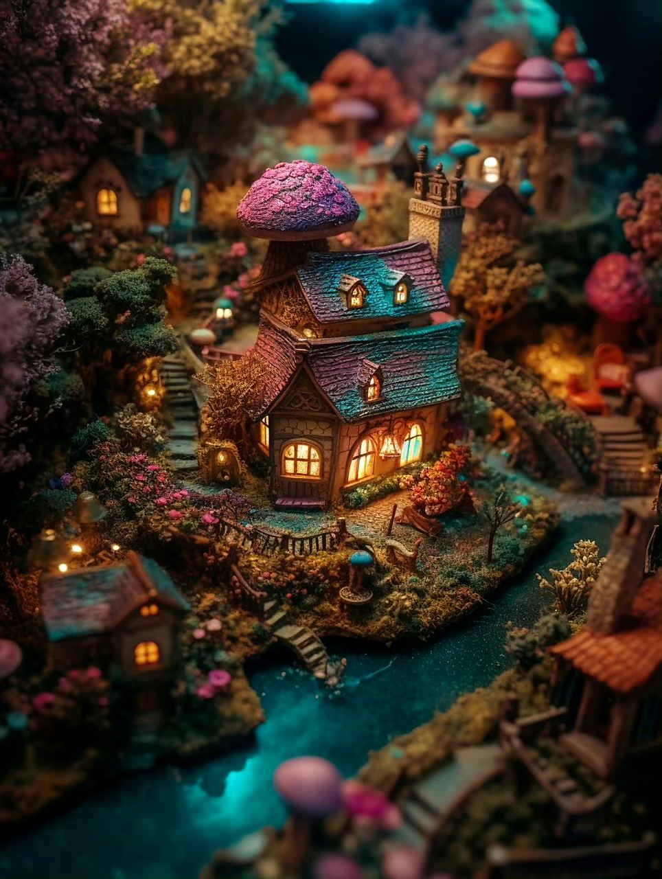 一组ai生成的微缩场景模型,像童话世界的精灵小屋,by midjourney.