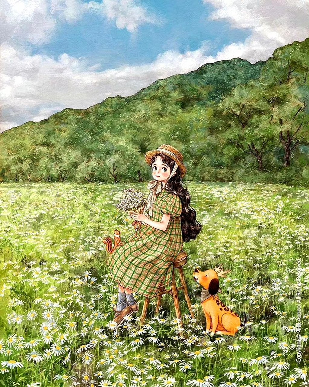 一组女孩与小动物的风景插画,画面温馨和谐,by aeppol.