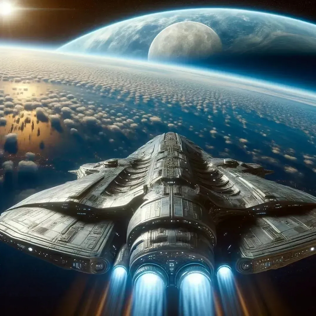 ai生成的一组飞船绘画作品,表现出未知的深空探索者,和一种强烈的未来