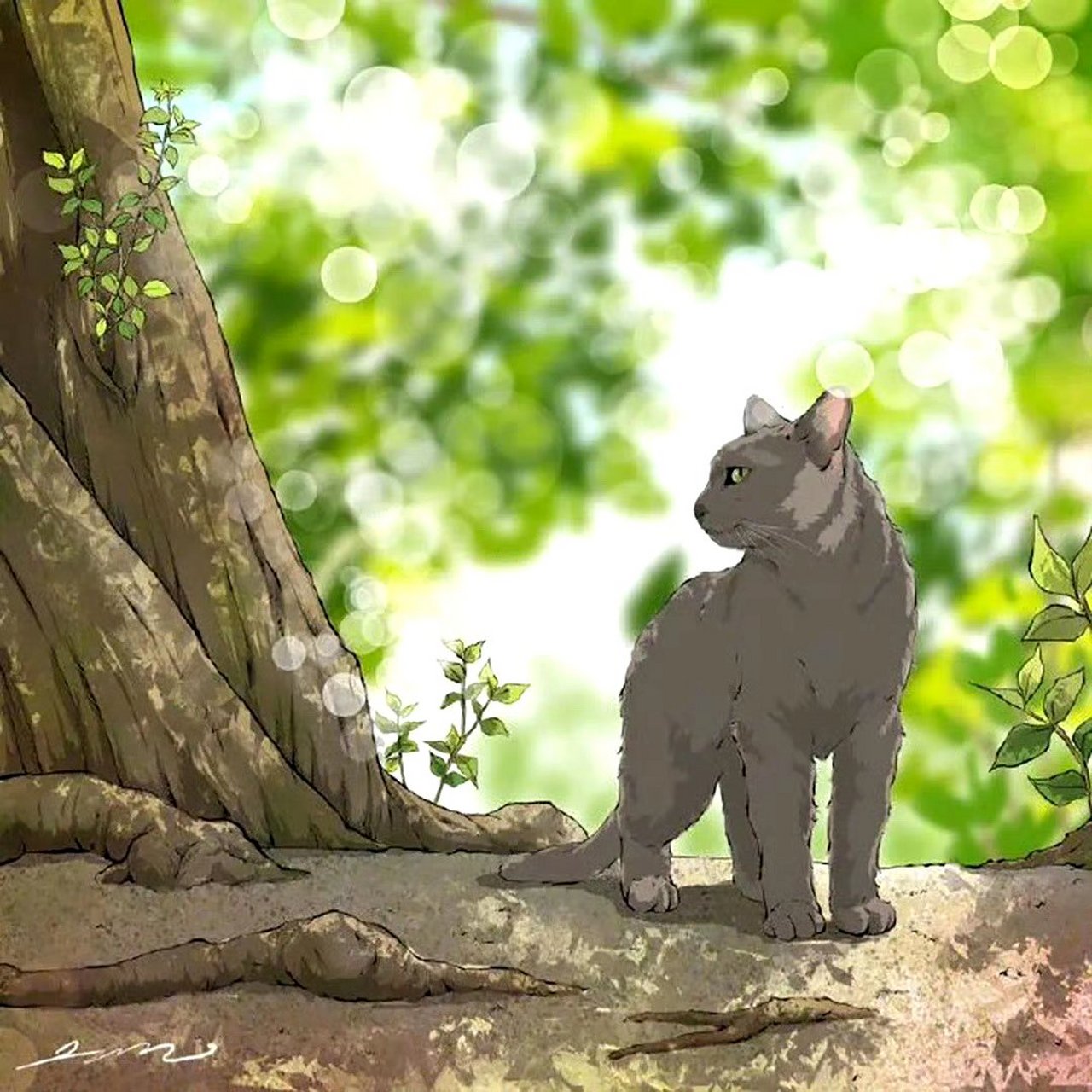 画师是sooyeonjae绘画作品欣赏,描绘了春天美景中的各种猫咪,愿寒冬