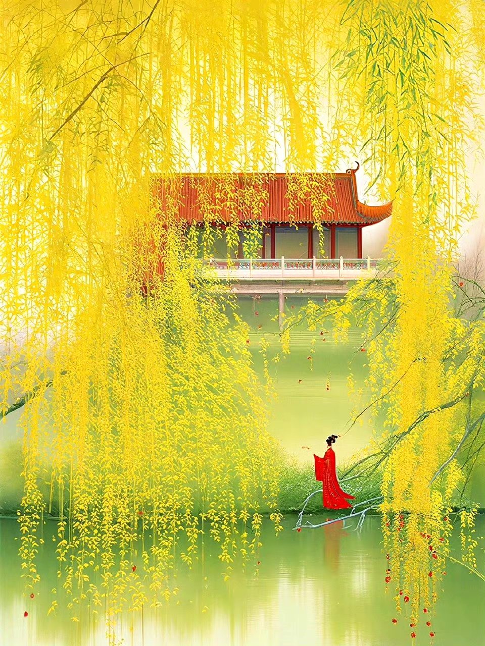 ai生成的一组古风风景插画,树树皆秋色,山山唯落晖.