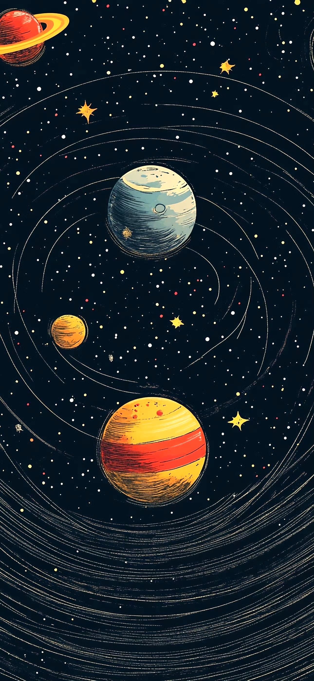 分享一组星球插画作品,用简约的笔触描绘了行星在太空运行的场景,画面