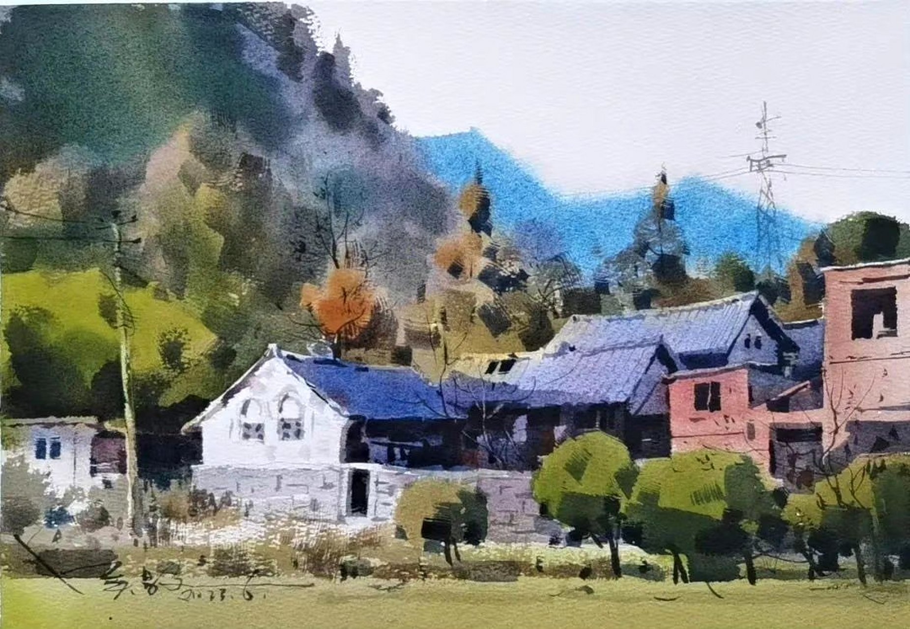 吴昌文水彩风景作品欣赏,描绘了小镇和山岭的风景,画风细腻,展现了他