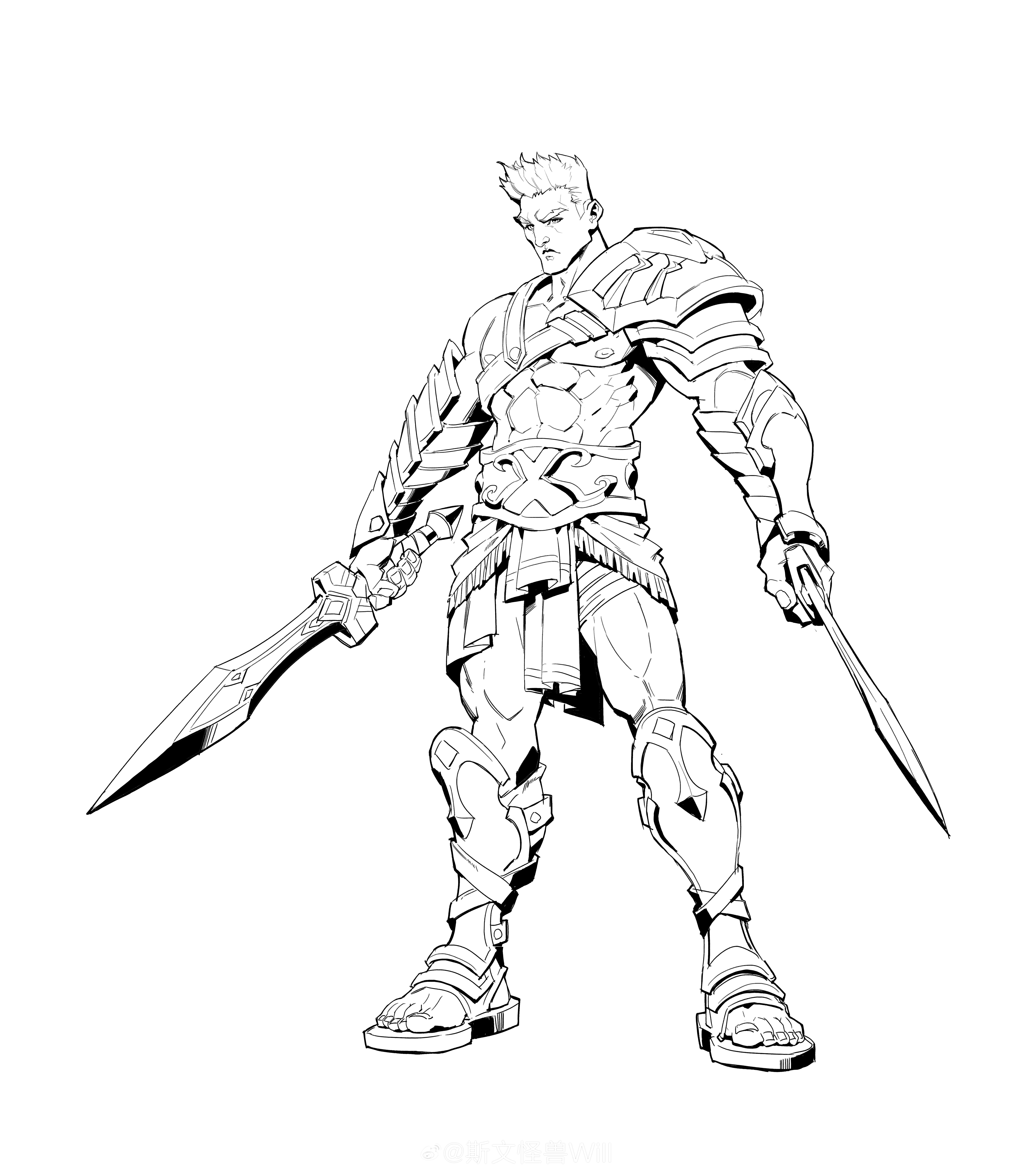 画师斯文怪兽为某款游戏设计的角色线稿作品,采用了中世纪的风格,人物