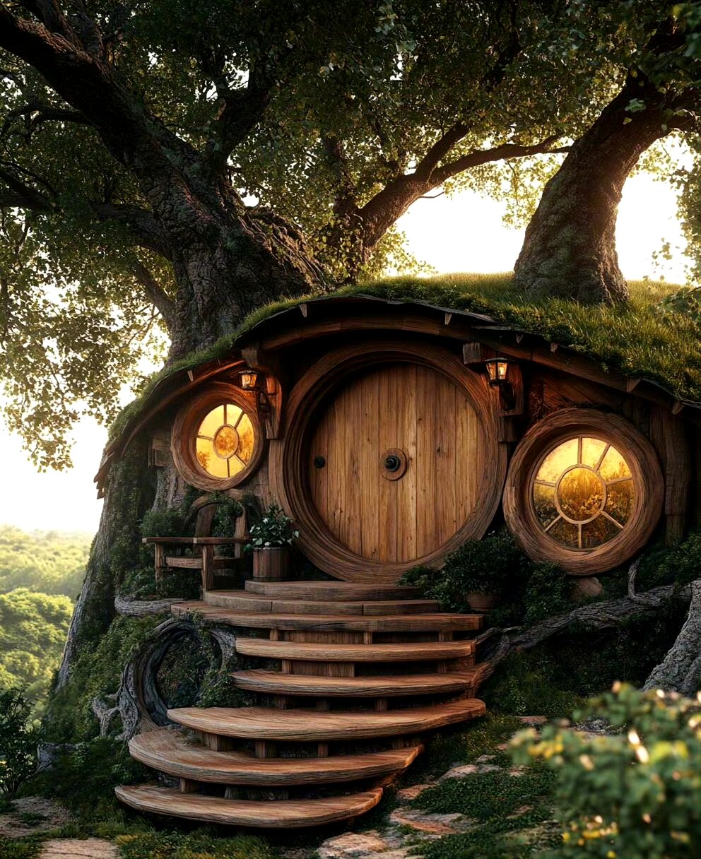分享一组树屋插画作品,小屋与大树融为一体,是精灵们居住的场所