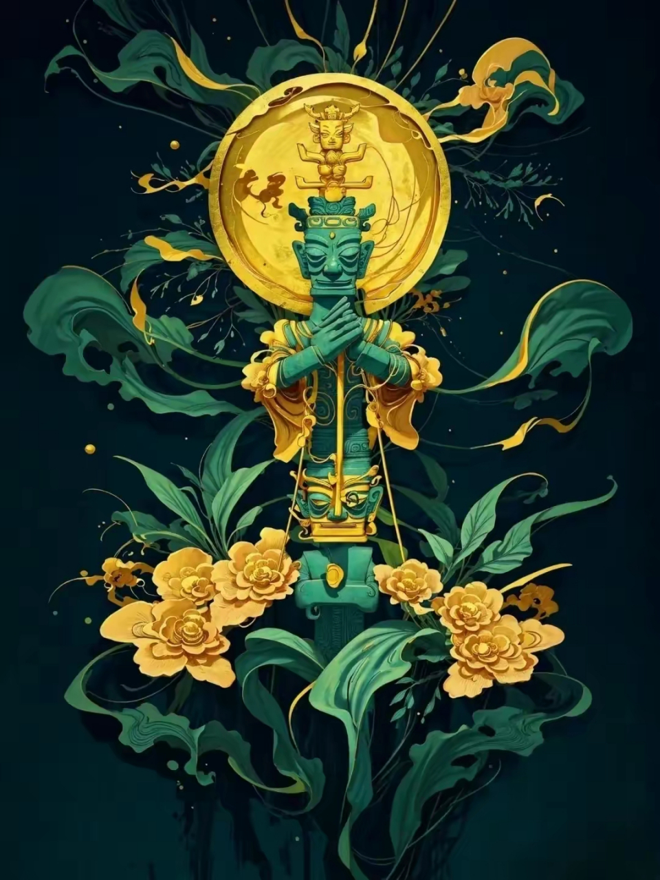 一组ai生成的以三星堆为主题的插画作品,充满了青铜人物和面具的元素