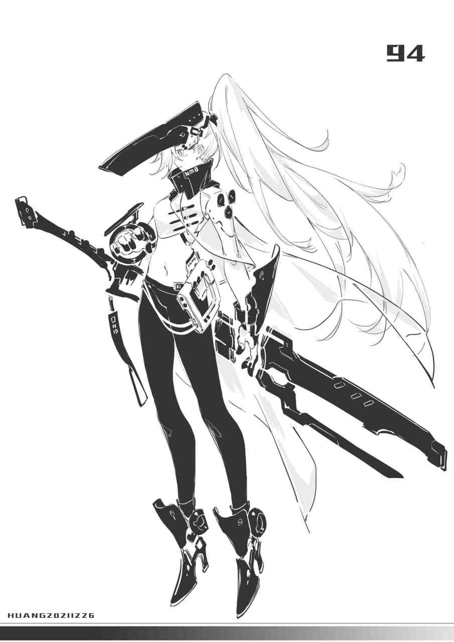 一组动漫角色黑白线稿插画欣赏,描绘了使用巨大武器的女战士,by huang