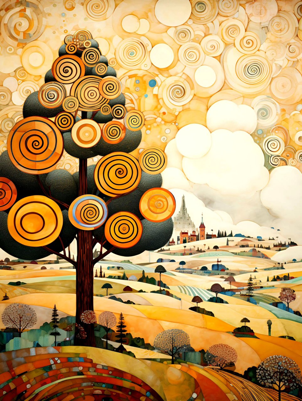 画家克里姆特笔下的自然风光,用圆形图案展现美丽抽象的景象.