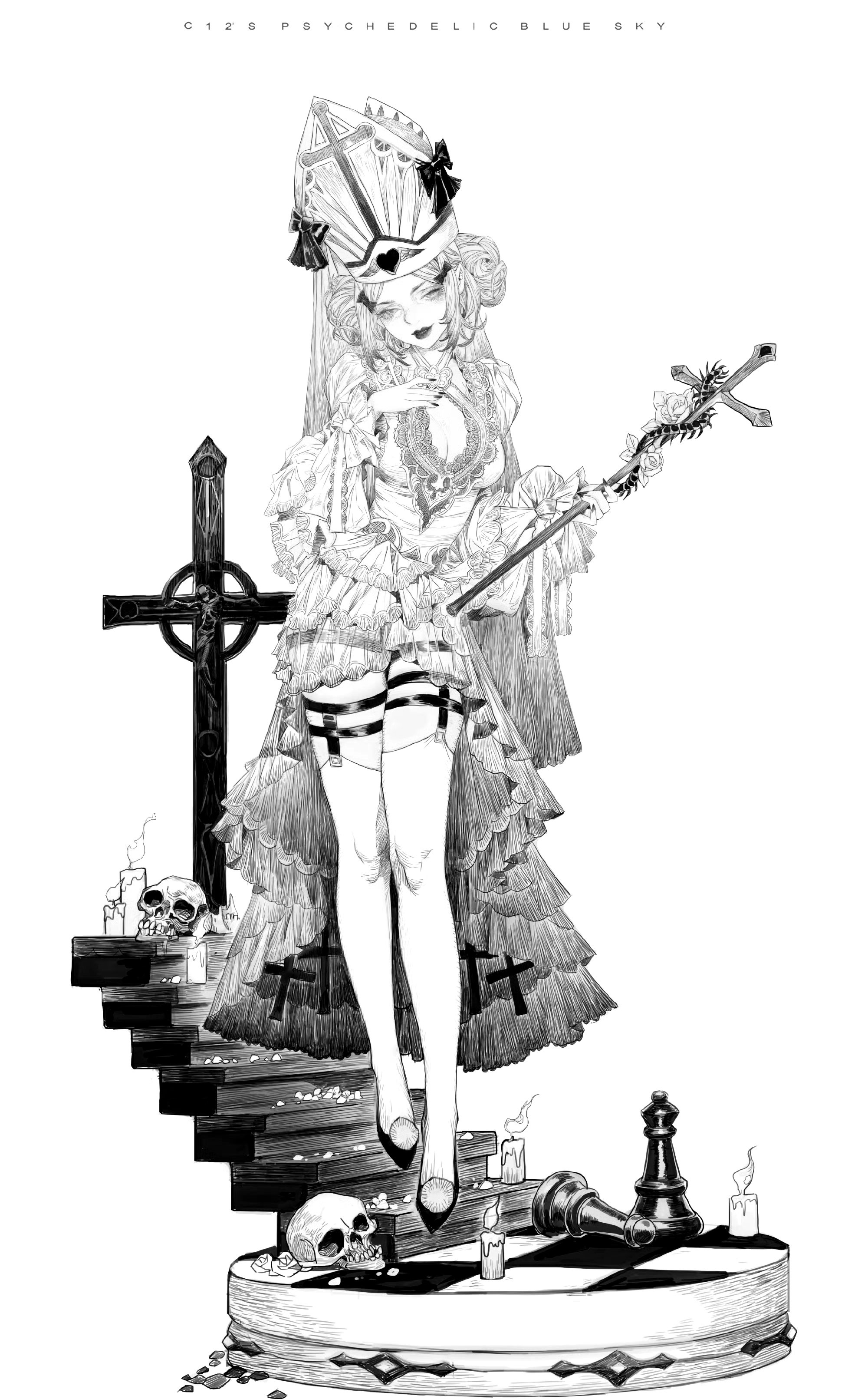 画师冯伟绘制的《露娜的棋子》人物线稿作品