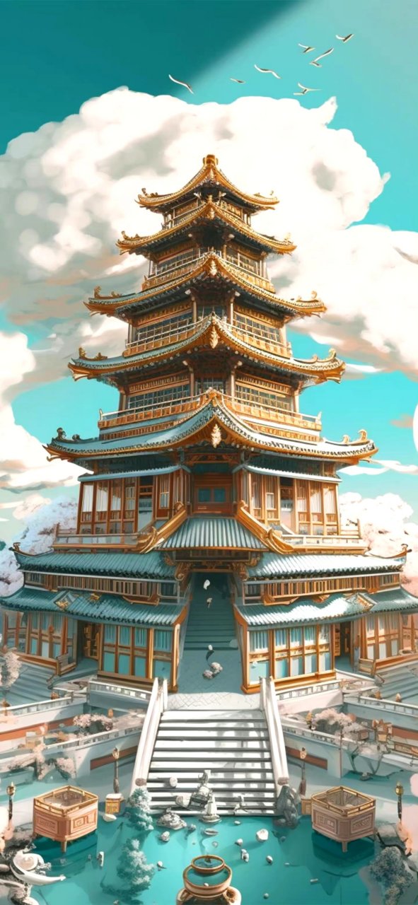 ai生成的一组建筑场景插画,展现了古风的亭台楼阁.