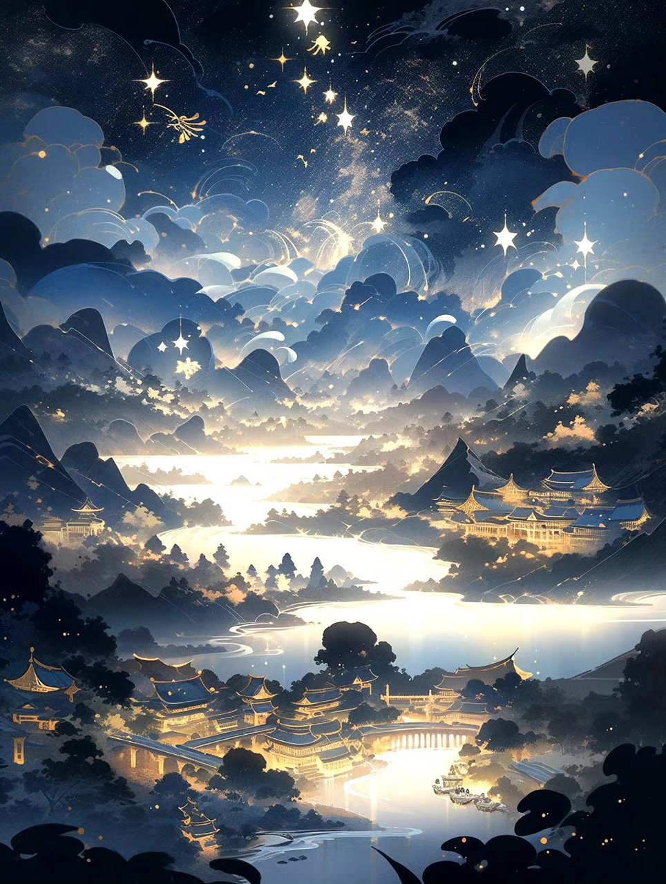 ai生成的一组山水风景插画作品,繁星之下的山水楼阁,山水星辰可摘.