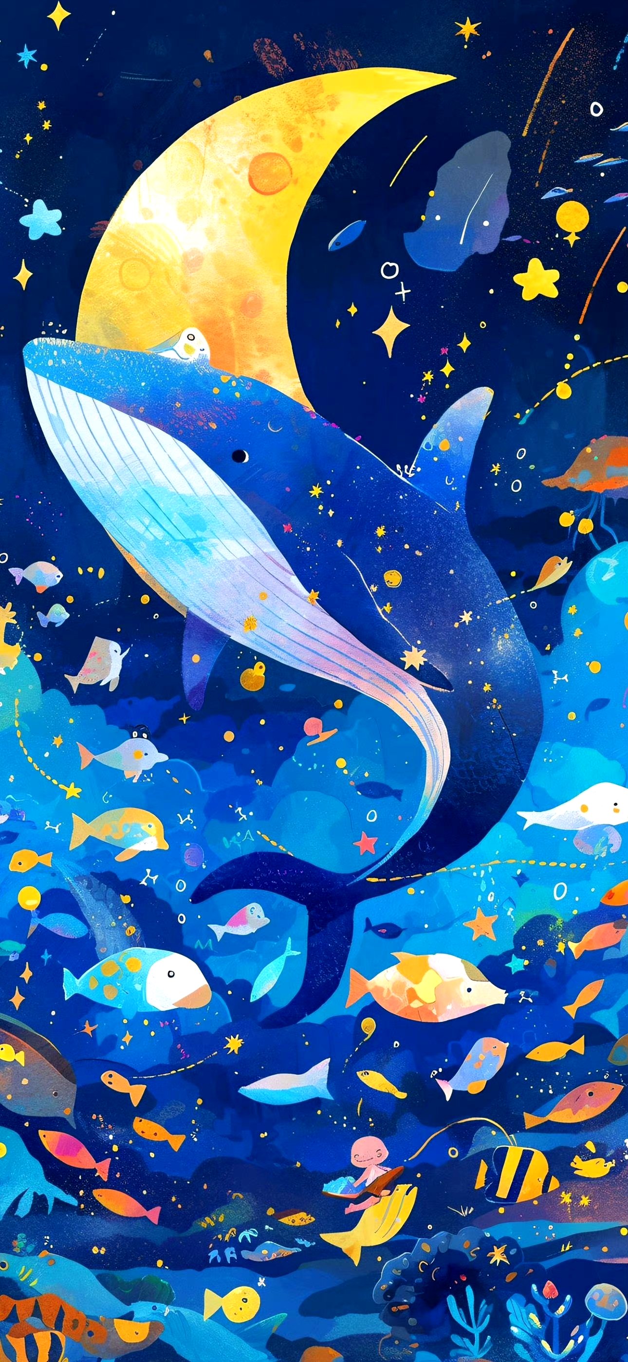 分享一组动漫场景绘画作品,用梦幻般的色彩描绘了少年与飞翔鲸鱼的