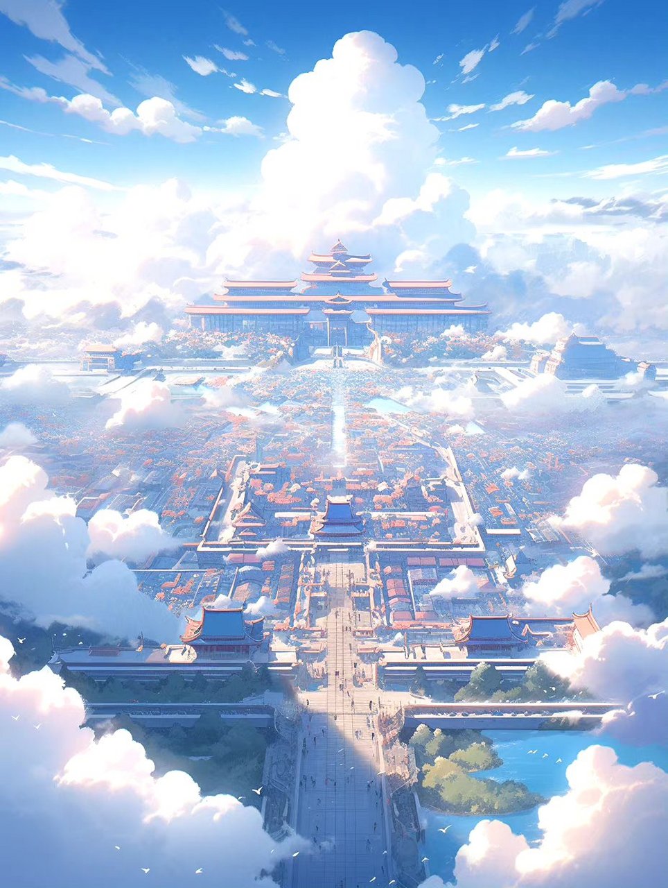 一组ai生成的传统建筑插画作品,金碧辉煌的宫殿建筑群,by midjourney.