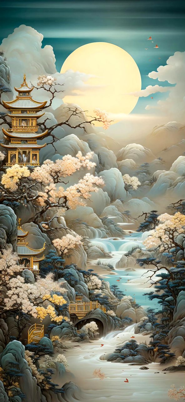 ai生成的一组国风山水绘画作品,展现了夕阳与烟雨中的山水与亭台楼阁.