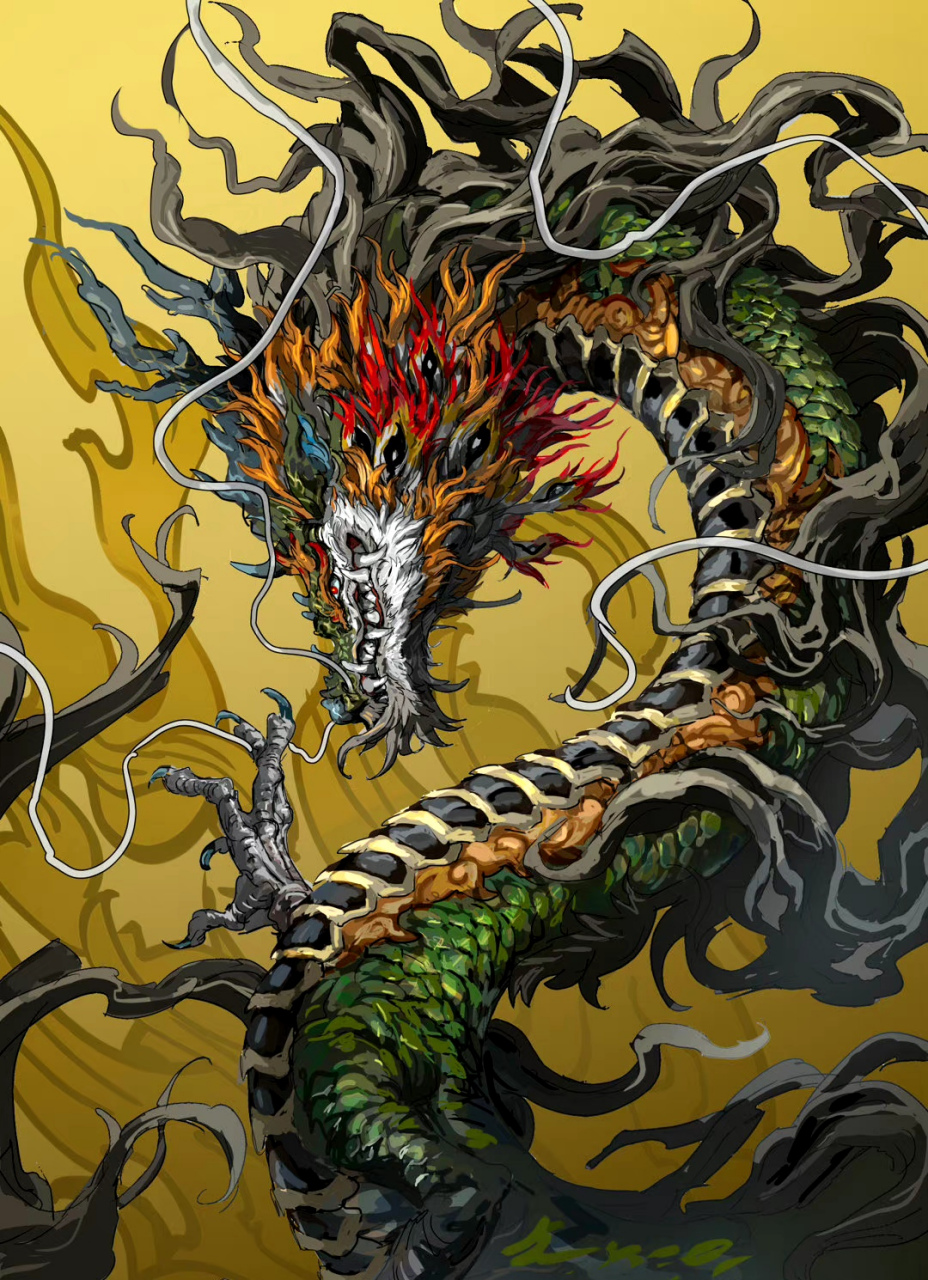 一组形态各异的神龙插画作品,用现代笔法重新诠释了神话生物,by