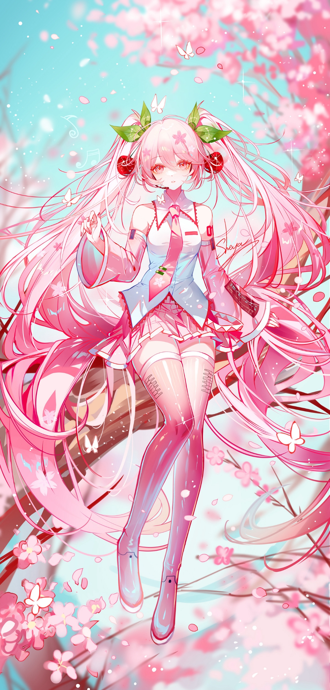 粉色樱桃风格的初音未来,坐在树上静等樱花散开 画师:sheya #二次元
