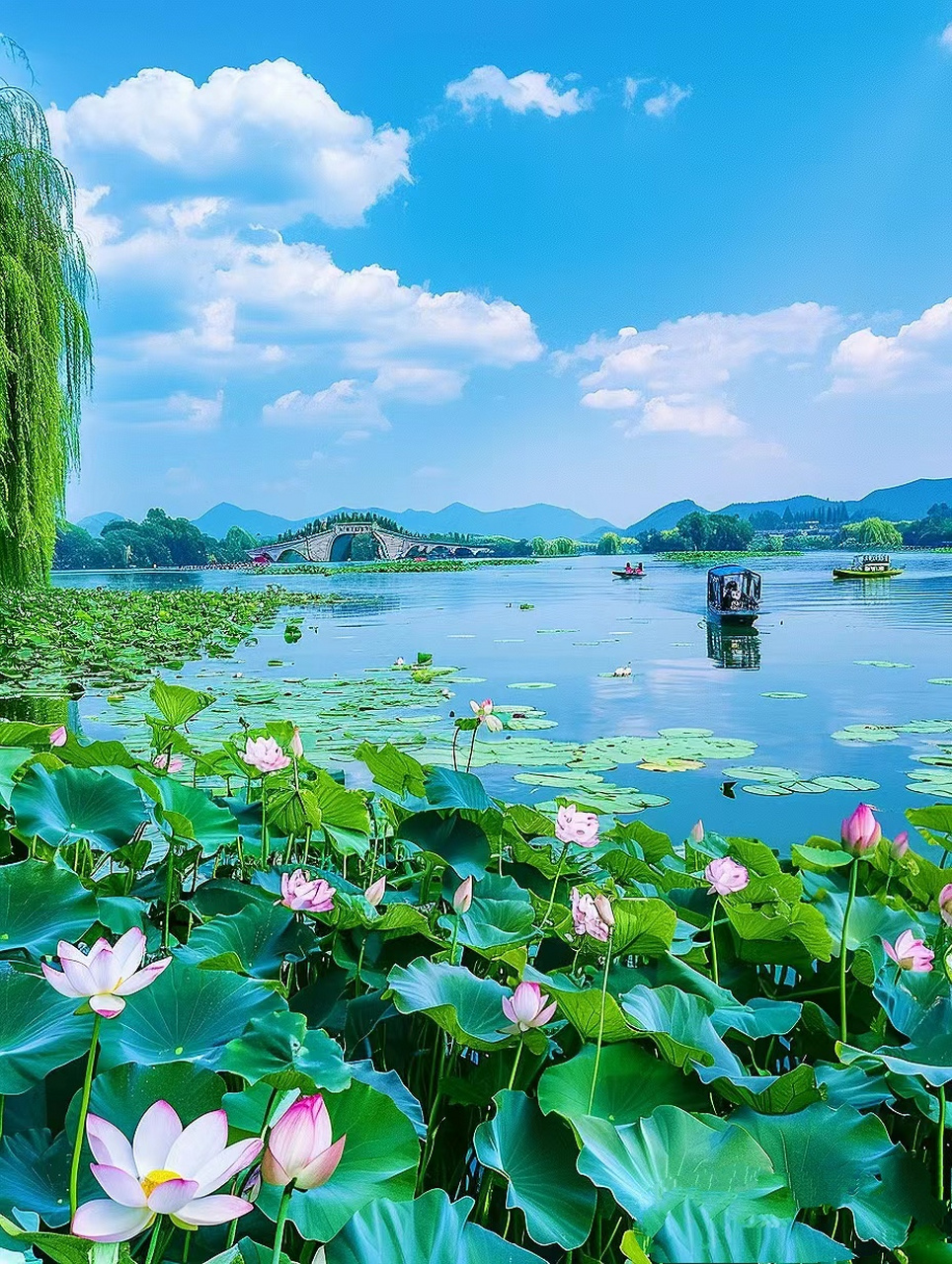 绿意盎然的荷叶上,粉红色的荷花点缀其间,如诗如画,让人陶醉