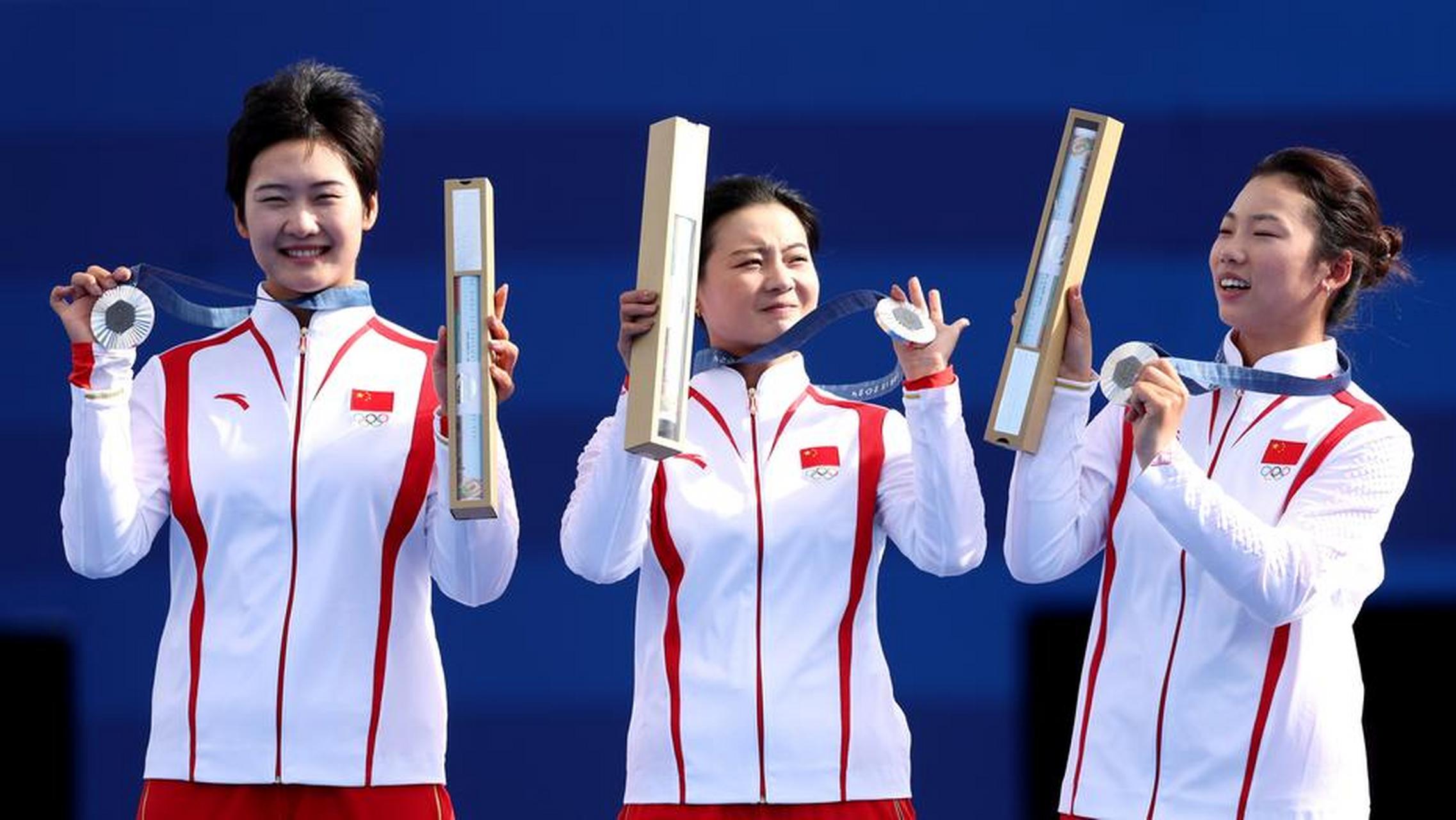 中国队获得射箭女子团体银牌# 在2024年巴黎奥运会的女子射箭团倘赛