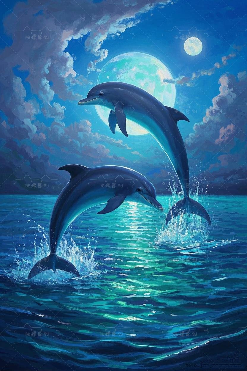 月下海豚欢跃,灵动之美,尽在这幅画中