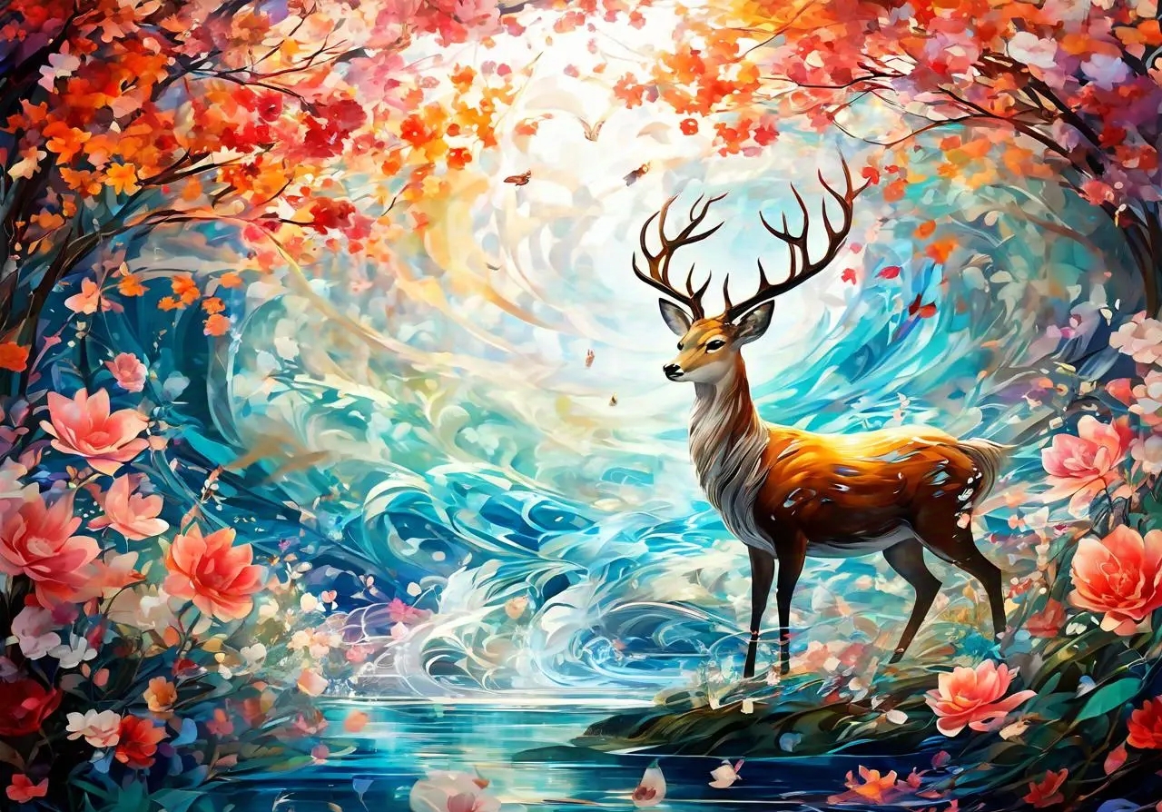 鹿踏花海,春意盎然,岁月静好,现世安稳