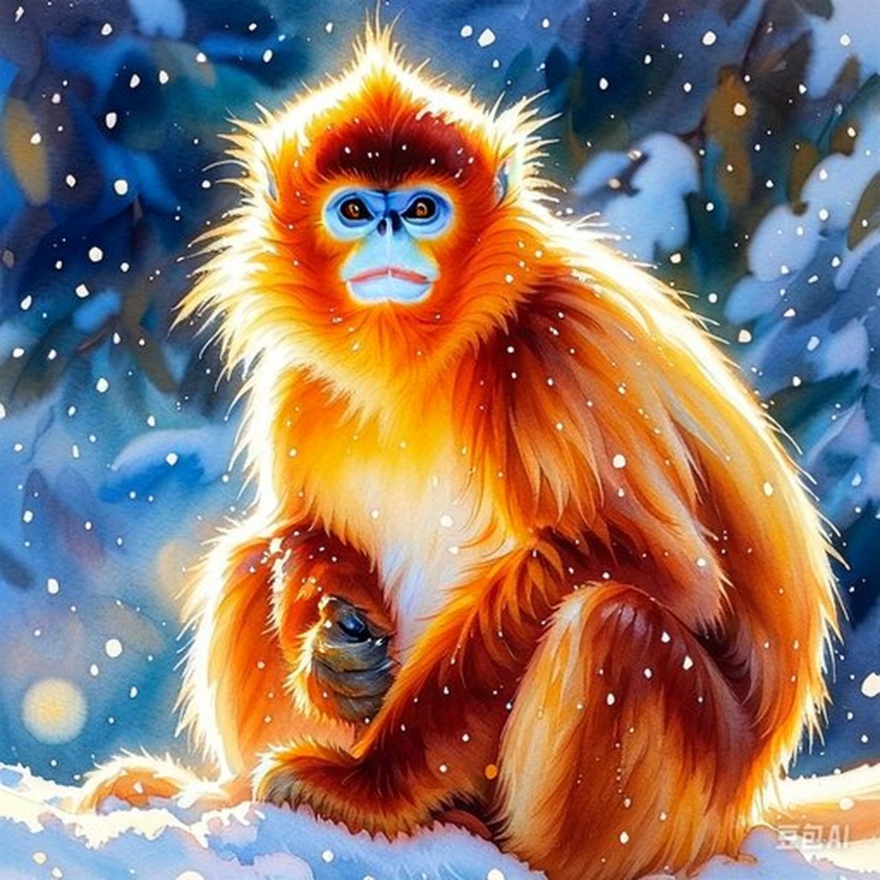 雪地里的一抹暖阳,金丝猴在冬日里静静地享受着雪的静谧.