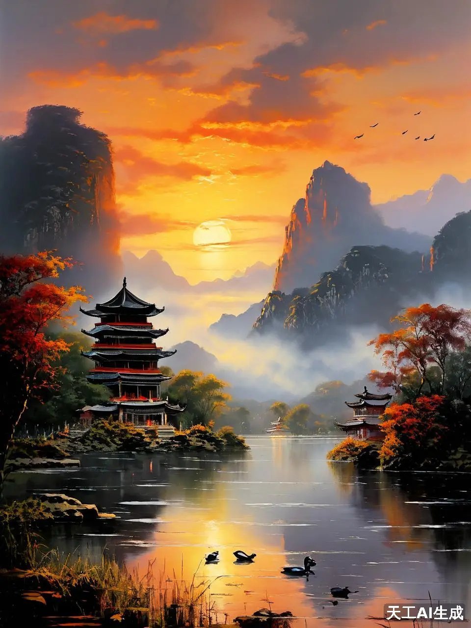 霞光万道,红日西沉.