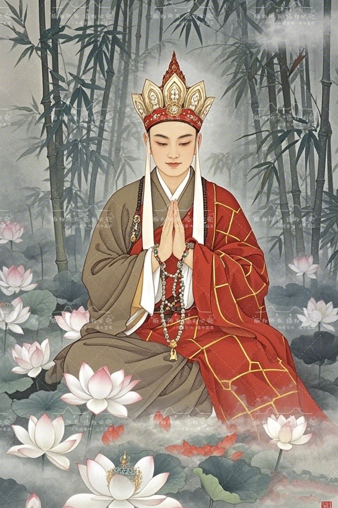 在禅意竹林中,唐三藏双手合十,虔诚祈愿,周围莲花盛