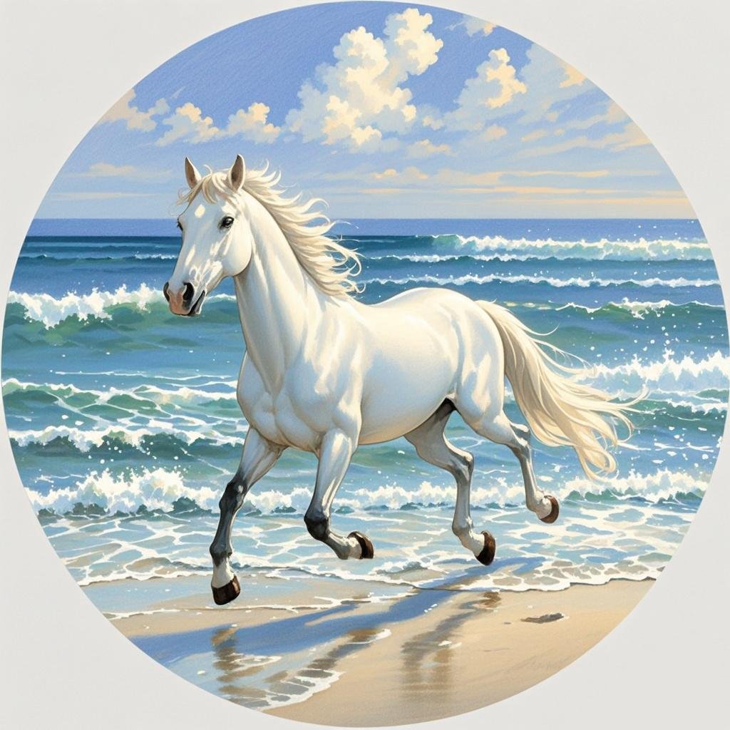 "海浪轻抚着沙滩,白马在阳光下奔跑,仿佛能听到自由的欢歌