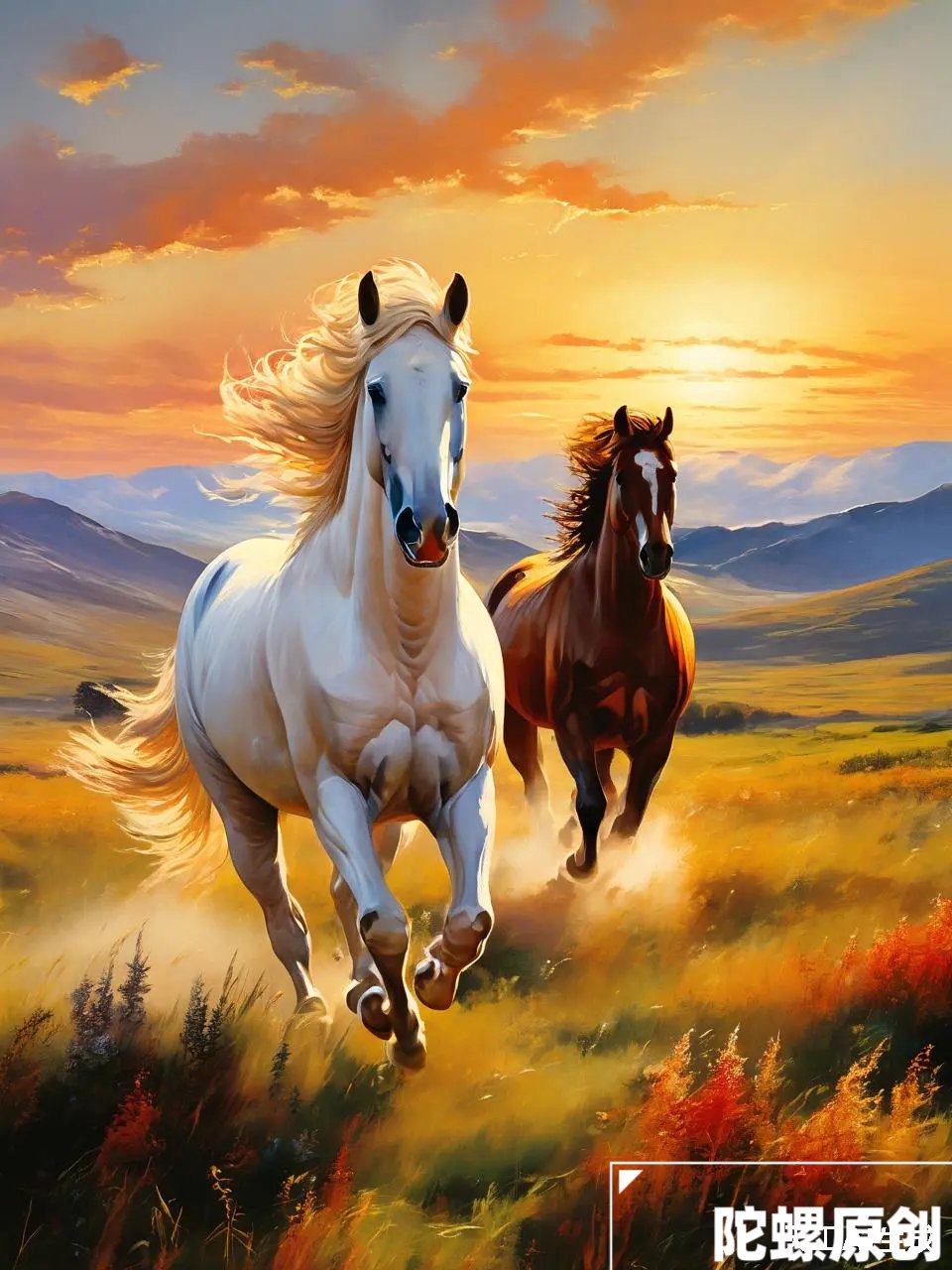 "在夕阳的金辉下,两匹马自由奔跑,那是属于它们的#ai绘画# #绘画