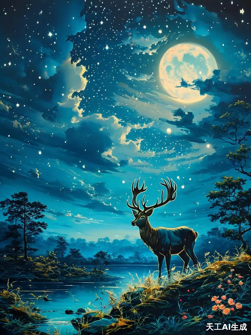 温柔,月亮的光洒在湖面上,星星点点,仿佛整个世界都沉醉在这片星空下