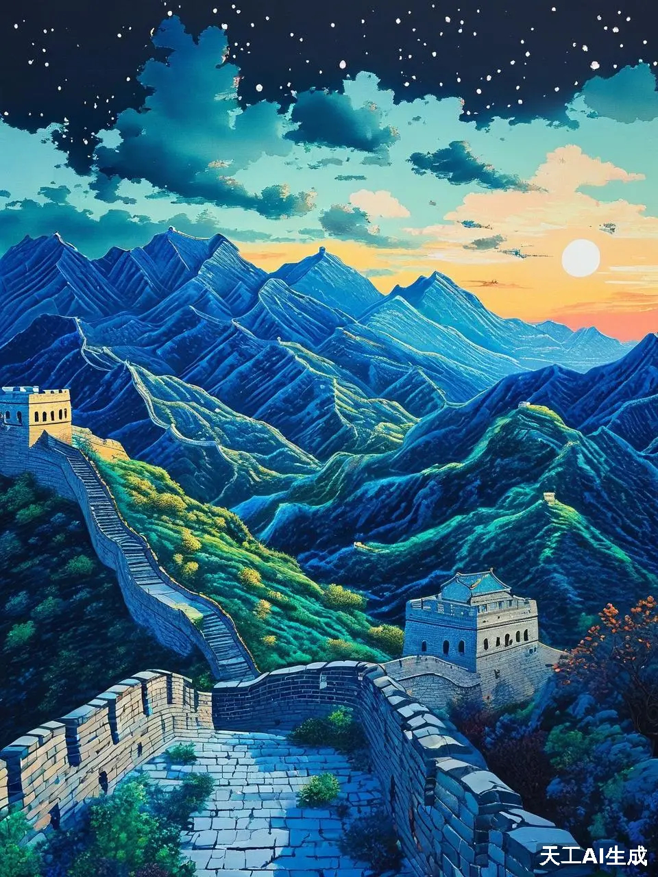 长城脚下好风光,月挂天边星作伴.