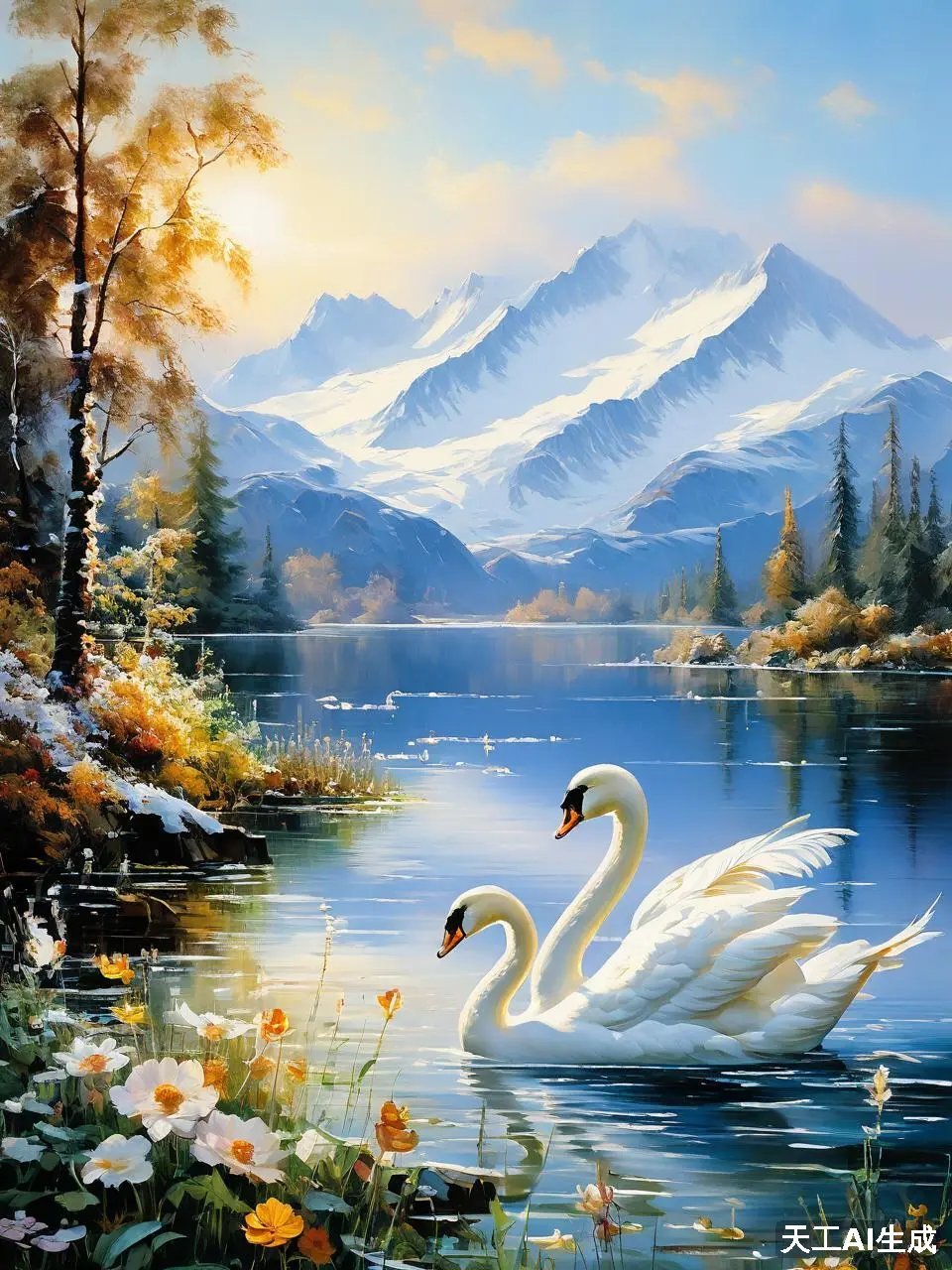 山湖间的浪漫,天鹅的舞动,大自然的杰作,尽在这幅画中.