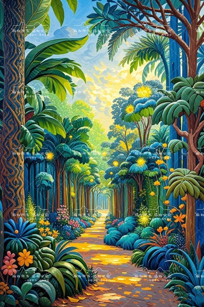 哇,这幅画带我走进了一个五彩斑斓的热带雨林,感觉就像是一次奇幻的