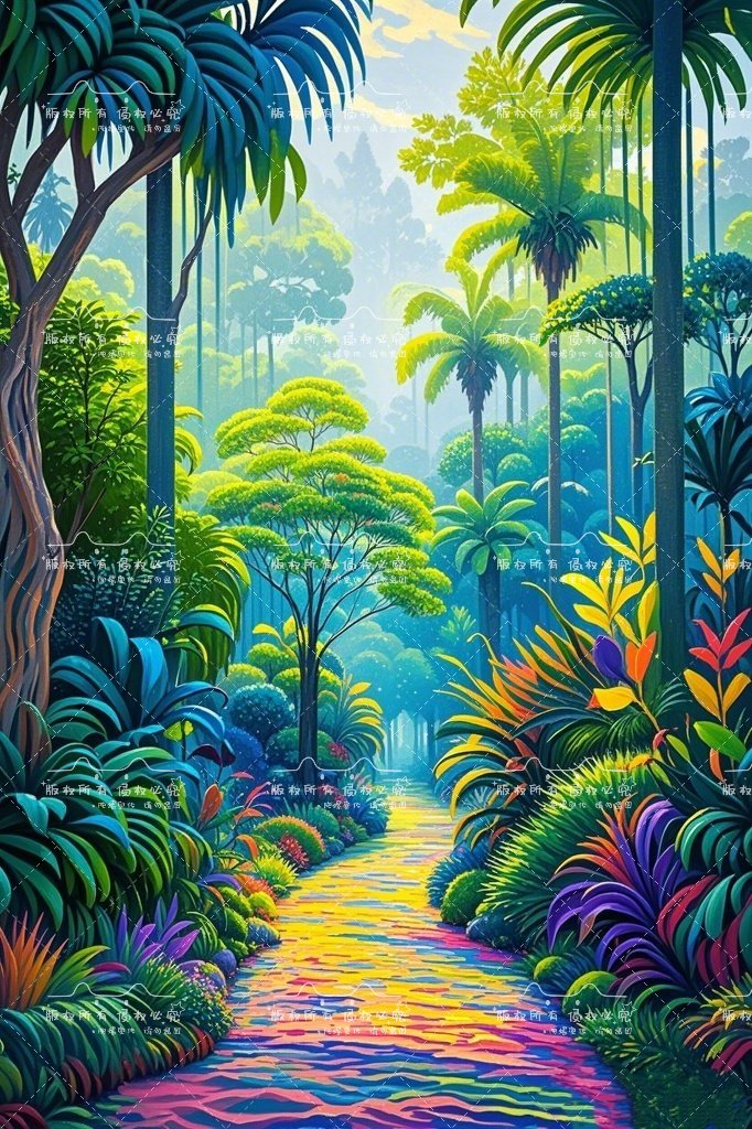 哇,这幅画带我走进了一个五彩斑斓的热带雨林,感觉就像是一次奇幻的