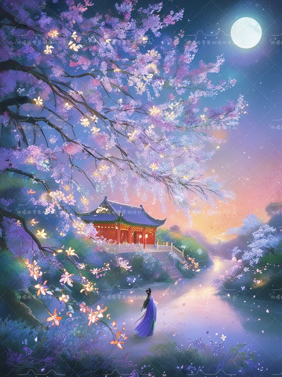 夜幕降临,漫步樱花林间,月光下的大自然美得令人心醉.#ai绘画# #国风