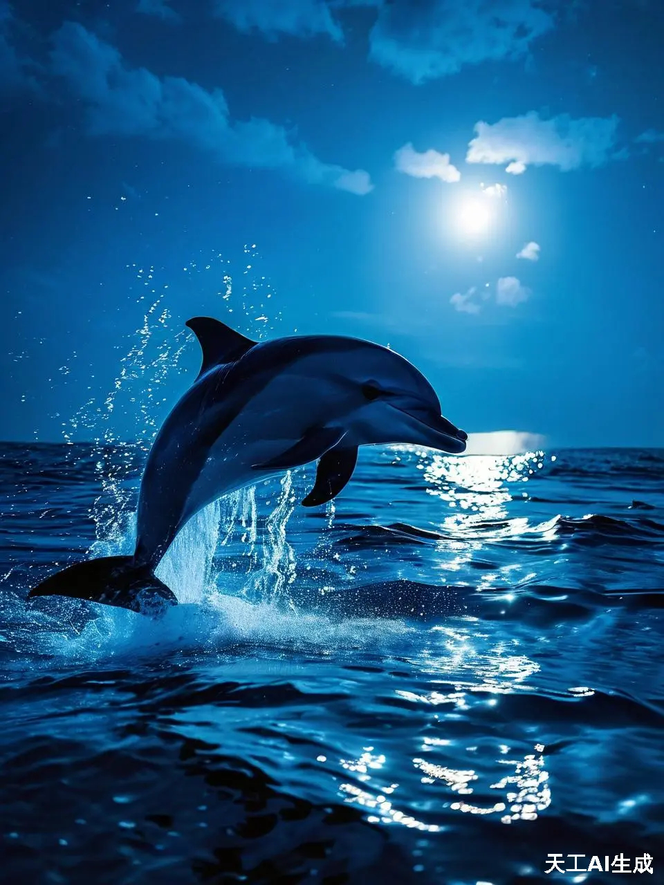 海豚跃出水面,月光洒银一片,天工之作,美得震撼.