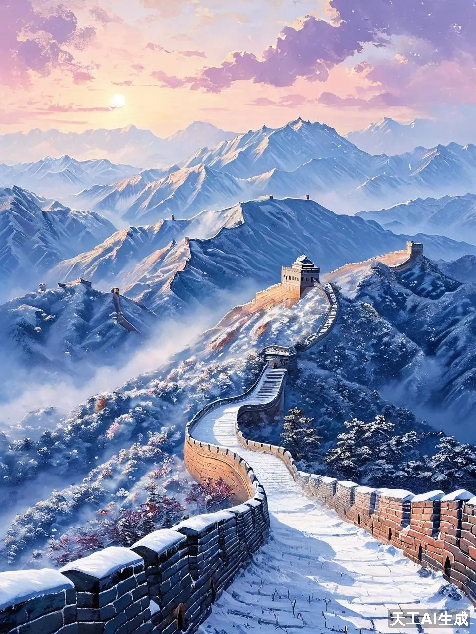 天工ai生成,雪映长城美如画,一键穿越回古代!