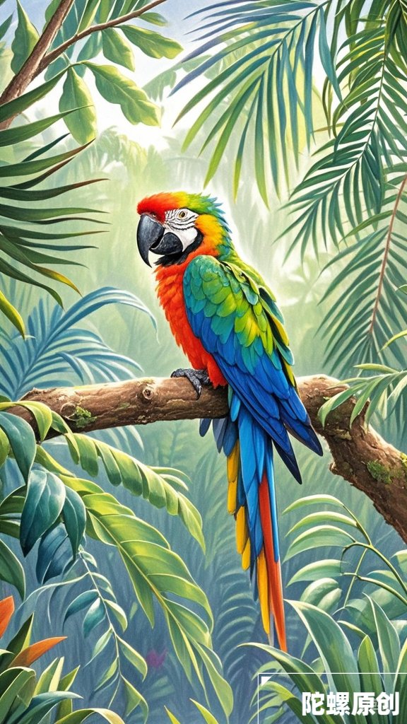 哇,这只热带雨林中的彩色鹦鹉真是太美了!