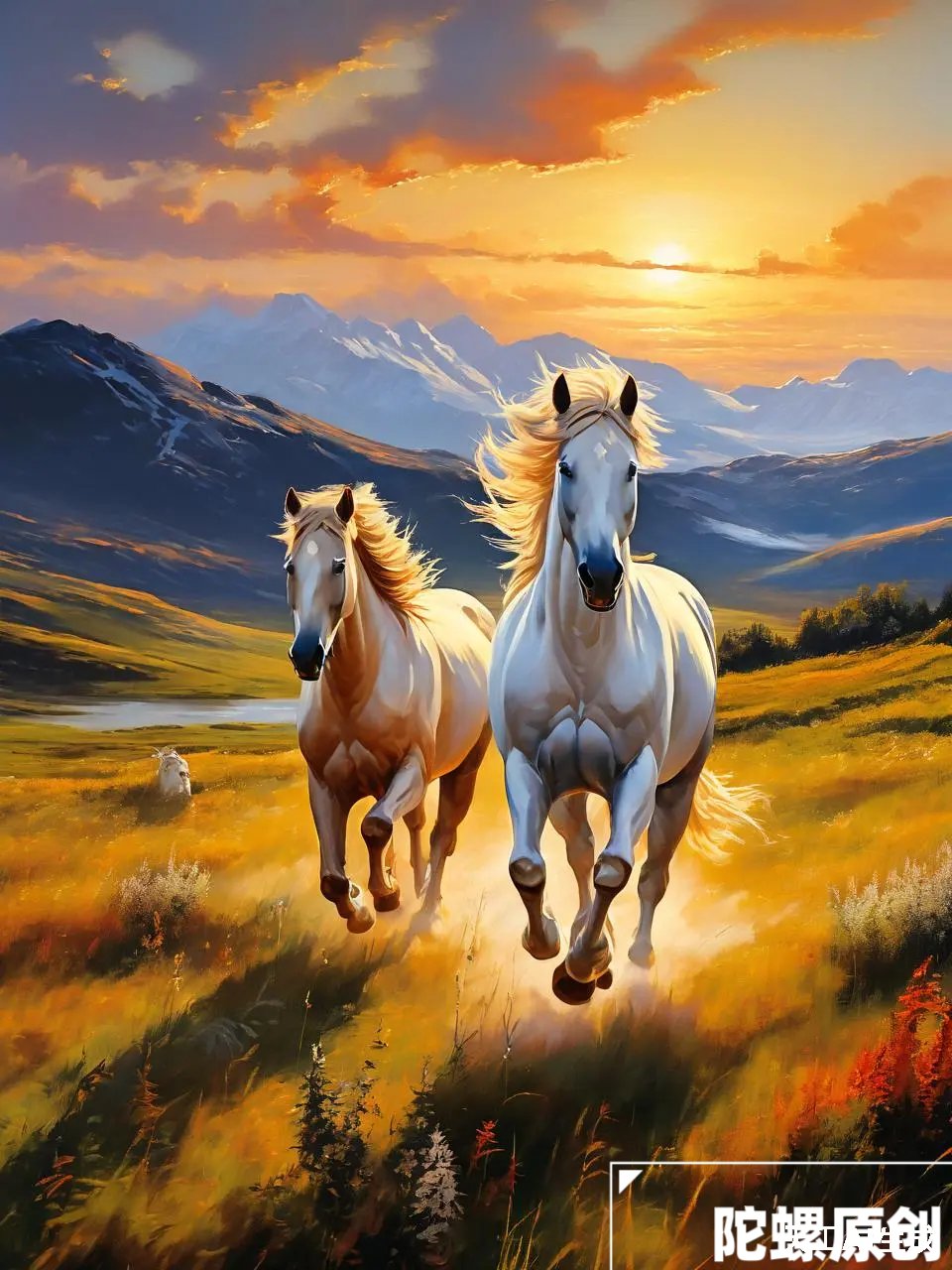 "在夕阳的金辉下,两匹马自由奔跑,那是属于它们的#ai绘画# #绘画