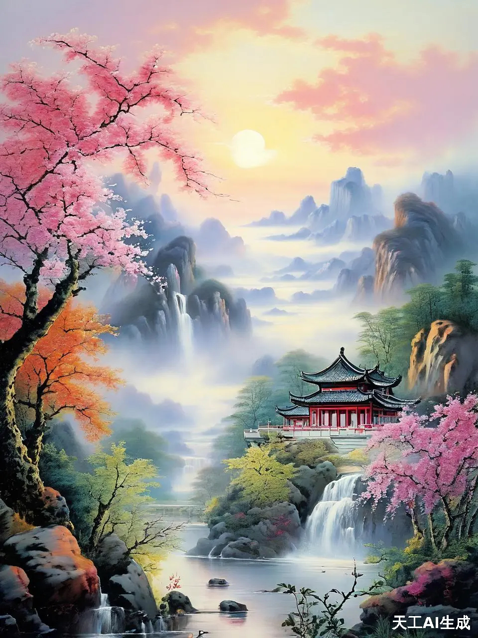 春山秋水画中游,樱花瀑布共长天.