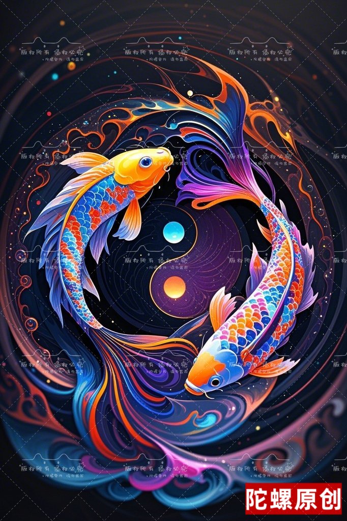 哇,这幅画中的两条鱼游得好欢快,仿佛在星空中翩翩起舞,真是太美了!