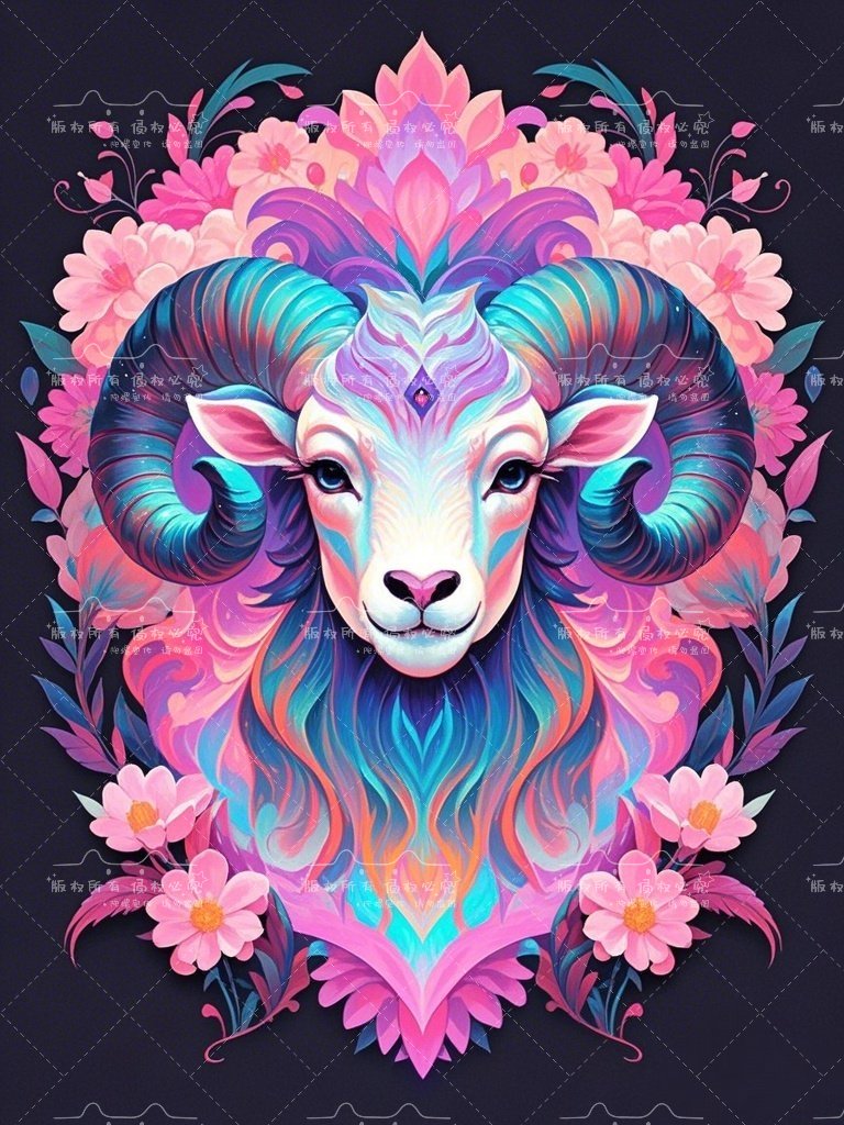 哇,这幅画中的羊真是太美了,色彩斑斓,好像活了