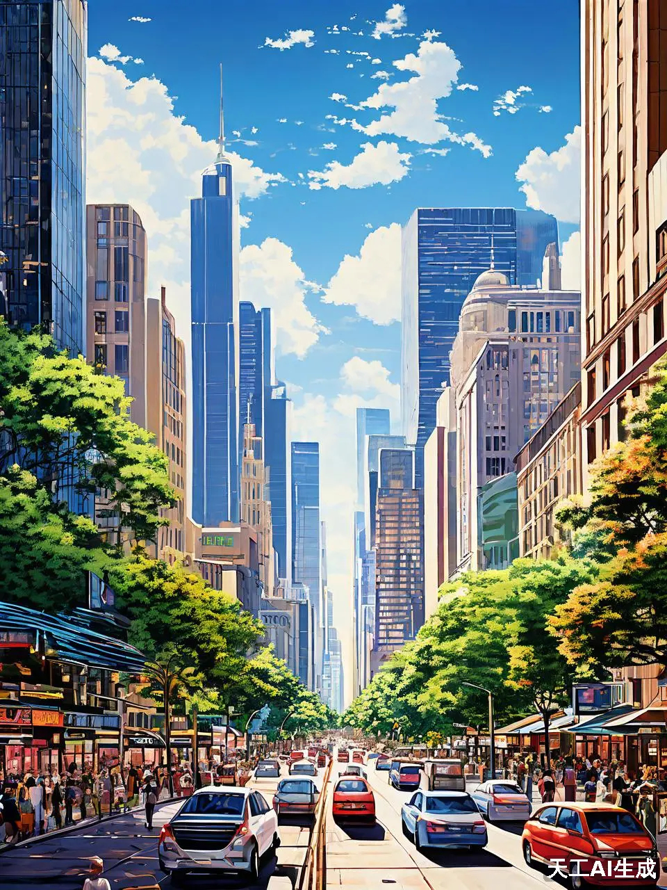 夏日街头,绿树成荫,繁华都市,美好日常.